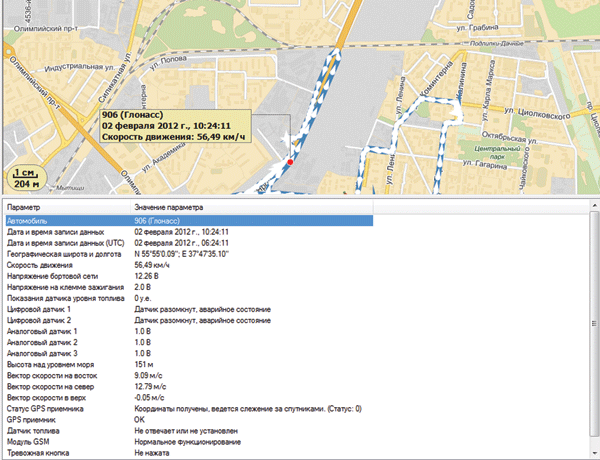 Просмотр параметров движения в конкретной точке
